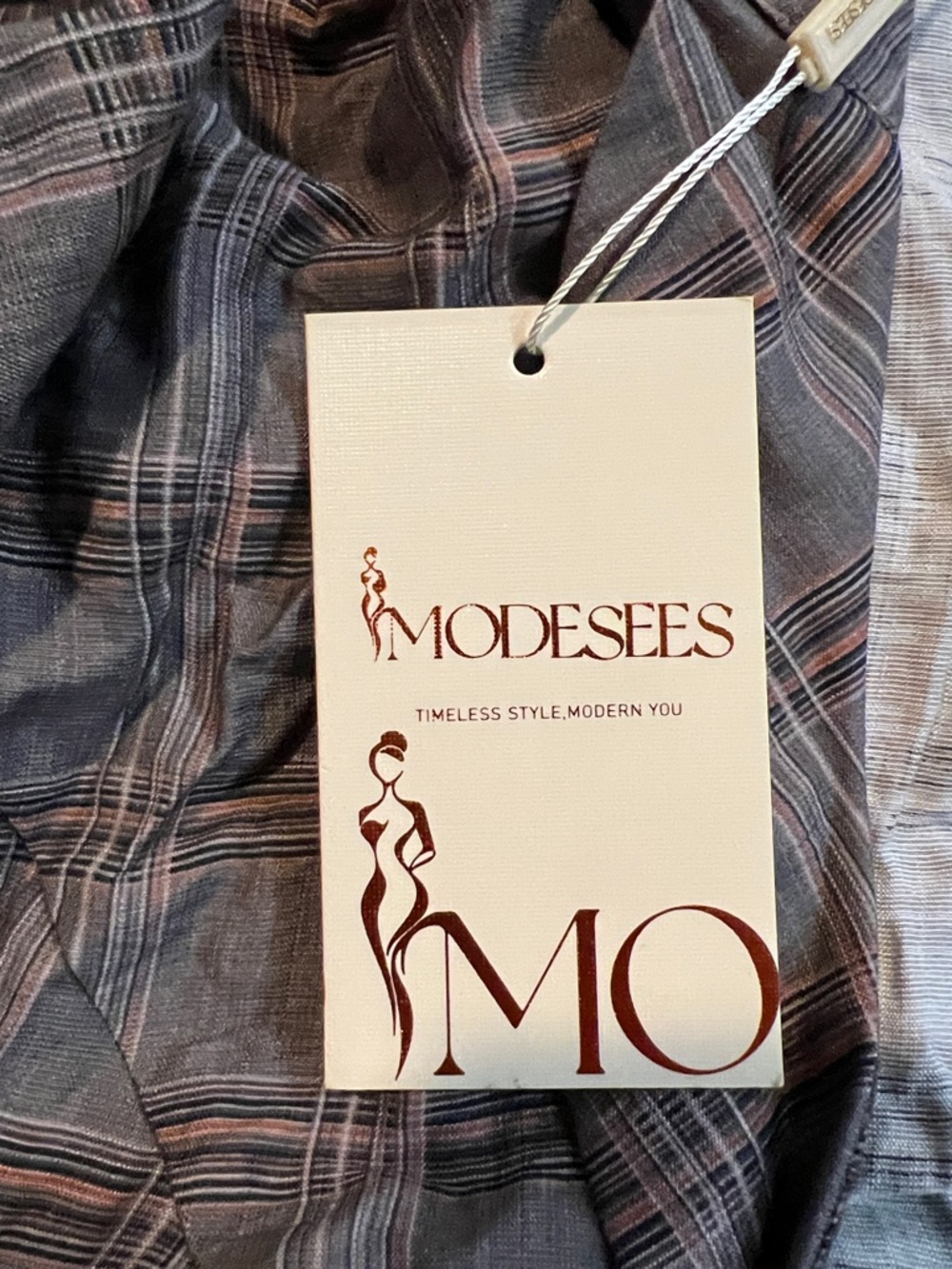 Modesees Grey Sophisticated Tartan-Patterned Linen-Blend Flared Maxi Dress - Picture 4 of 5